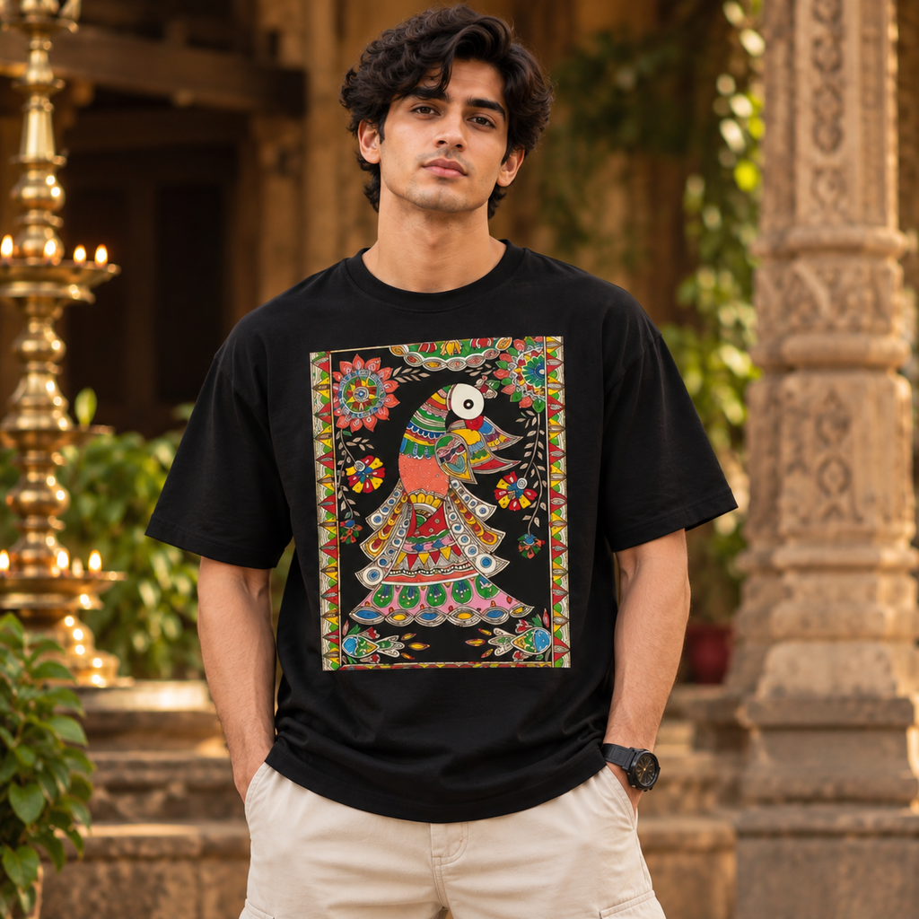 Madhubani Folk Art Printed Black T-Shirt