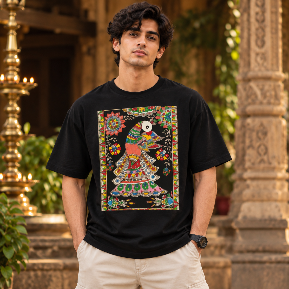 Madhubani Folk Art Printed Black T-Shirt