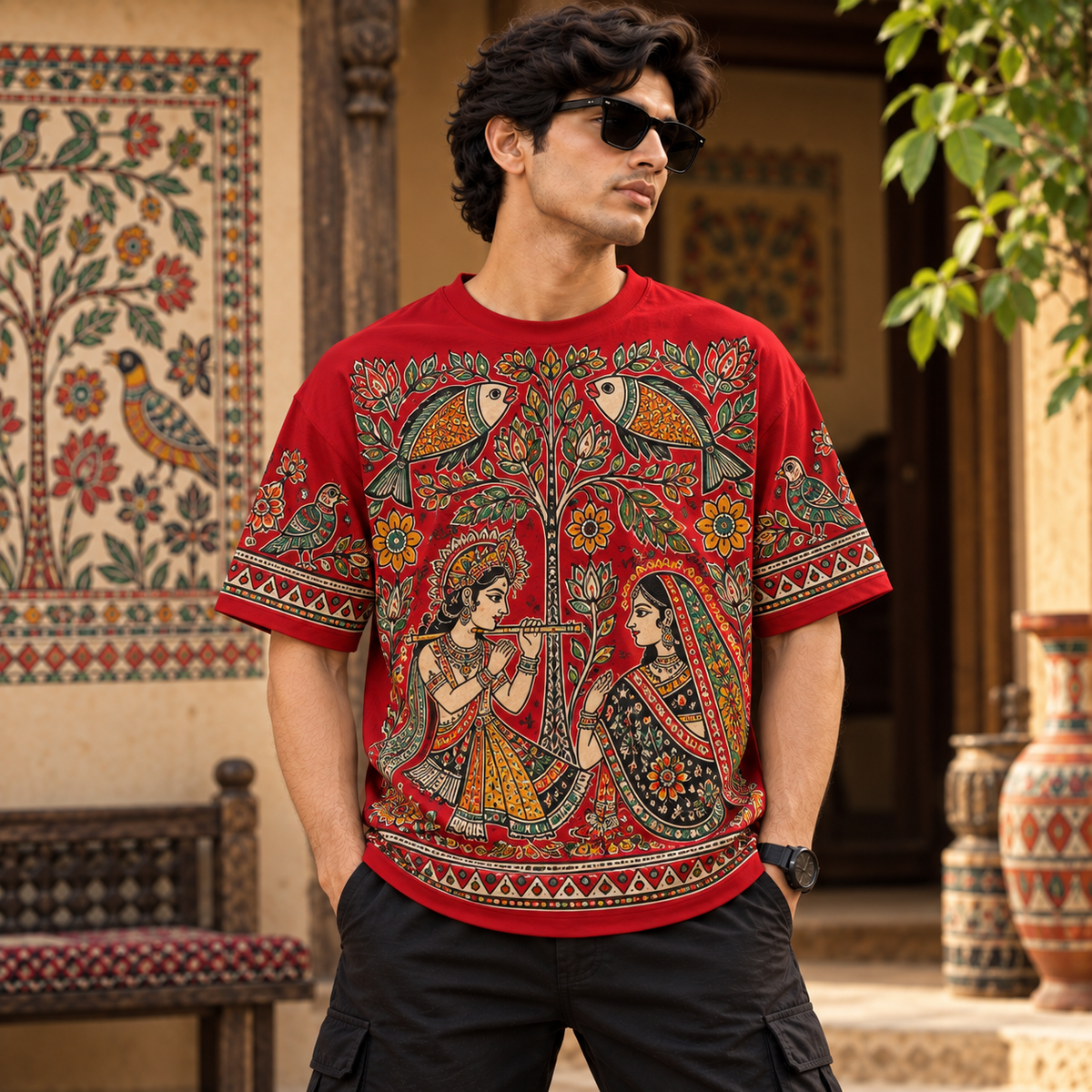 Madhubani Folk Art Red Oversized T-Shirt