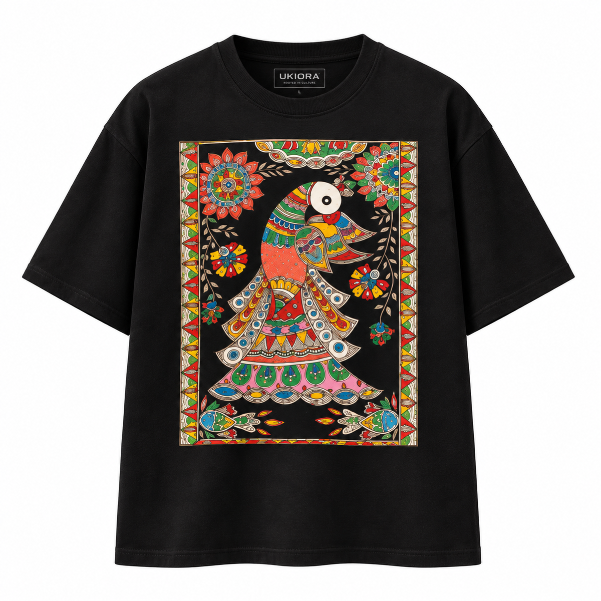 Madhubani Folk Art Printed Black T-Shirt