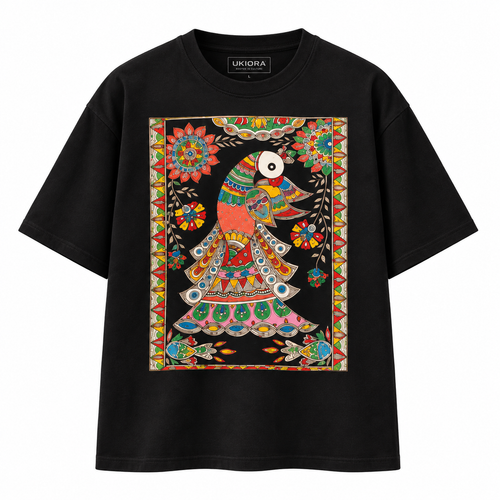Madhubani Folk Art Printed Black T-Shirt